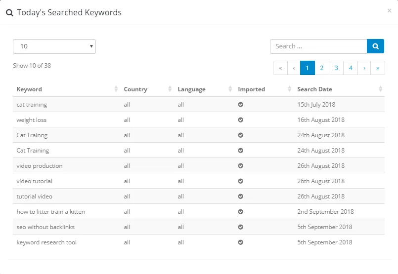 SEMScoop recent searches list with country, language, and date columns