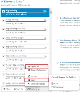SEMScoop keyword selection checkboxes before saving to a project