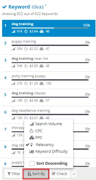 SEMScoop sort options dropdown for volume, CPC, Ads Competition Index, and difficulty